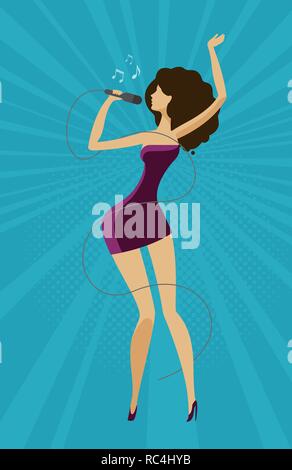 Singer fille chantant une chanson dans un microphone. Vector illustration Illustration de Vecteur