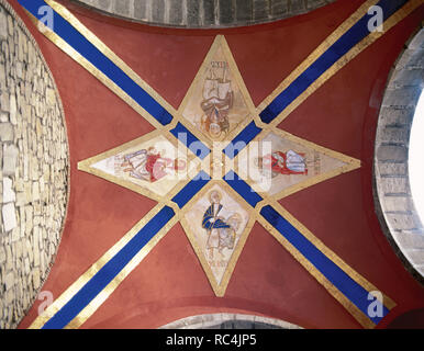 L'Espagne. Arceniega. Église Notre Dame de l'Assomption. Les quatre évangélistes. Fresque de la voûte de l'atrium. Banque D'Images