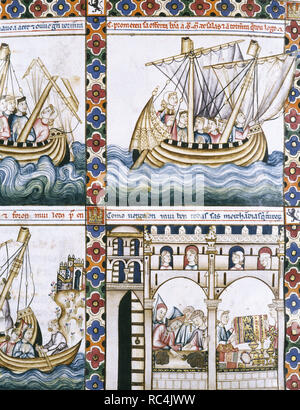 CANTIGAS DE SANTA MARIA. Obra del Rey Alfonso X el Sabio' (Tolède,1221-Sevilla,1284). Colección de 430 poemas. Detalle de una de las páginas miniadas. En su parte superior, Barco dedicado al comercio médiévale, y en la qualité inférieure, comerciantes y banqueros realizando transacciones. Biblioteca del Monasterio de San Lorenzo de El Escorial (Communauté autonome de Madrid). España. Cantiga 172. F 229v. Banque D'Images