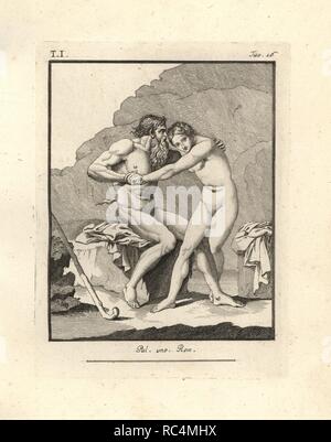 Un vieux faun ou silène avec barbe touffue se débat avec un hermaphrodite dans cet excellent sujet bachiques excavées au Resina. Gravée sur cuivre par Tommaso Piroli à partir de son propre 'Antichita di Ercolano" (antiquités d'Herculanum), Rome, 1789. L'artiste italien et graveur Piroli (1752-1824) a publié six volumes entre 1789 et 1807 documentation les peintures murales et des bronzes trouvés dans Heraculaneum et Pompéi. Banque D'Images