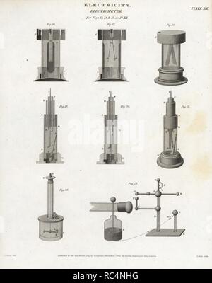 Électromètres, 18ème siècle. La gravure sur cuivre par Wilson Lowry John Farey après d'Abraham Rees' Cyclopedia ou Dictionnaire Universel des Sciences, des arts et de la littérature, Longman, Hurst, Rees, Orme et Brown, Londres, 1815. Banque D'Images