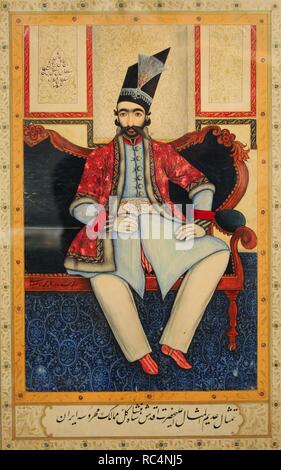 Naser al-Din Shah Qajar (1831-1896). Roi de Perse à partir de 1848-1896. Portrait par Muhammad Isfahani. L'Iran, 1850. Papier, gouache, or. Le Musée de l'Ermitage. Saint Petersburg. La Russie. Banque D'Images