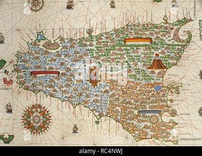 Île de Sicile. Tableau Portolan par Joan Martines, cartographe espagnol de l'école cartographique majorquine (16ème siècle). Autographe de 19 double-folio de cartes. Messine, Sicile, 1587. Bibliothèque nationale, Madrid, Espagne. Banque D'Images