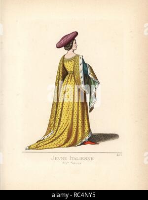 Jeune femme italienne, 14e siècle. Elle porte un grand turban et ses cheveux attachés avec lacets blancs, d'un corsage serré avec simar d'or et plein de jupes et manches garni d'hermine, a souligné chaussures rouges. D'après une peinture de Francesco Vanni de Sienne. Illustration dessinée et lithographiée coloriée par Paul Mercuri avec texte par Camille Bonnard de 'costumes historiques du 12ème au 15ème siècles,' Levy Fils, Paris, 1860. Banque D'Images