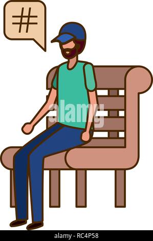 Homme assis sur un banc de travail avec bulle de dialogue Illustration de Vecteur