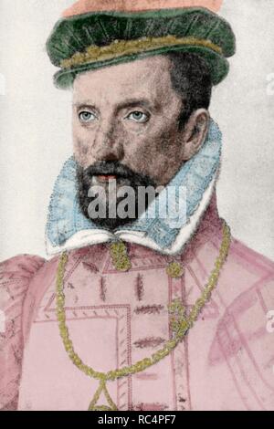 Gaspard II de Coligny (1519-1572). Noble français et l'amiral. Chef Huguenot dans les Guerres de Religion. Portrait par François Clouet. Gravure en couleur. Banque D'Images