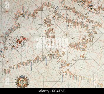 Carte marine. Atlas de Joan Martines, 1587. Dédié à Philippe II. L'École de Majorque. Détail : Western Medierranean. Banque D'Images