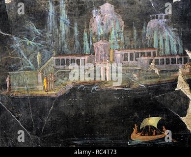 Roman fresque représentant un paysage de rivière avec des bateaux. 30 AV-37. Détail. De Pompéi, Italie. Musée Archéologique National. Naples. L'Italie. Banque D'Images