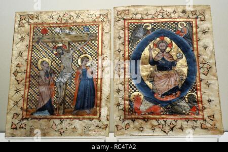Anonyme. Crucifixion et le Christ en majesté, 2e quart du 14e siècle. Parchemin. De style gothique. À partir d'un manuscrit inconnu. Musée national d'Art de Catalogne. Barcelone. La Catalogne. L'Espagne. Banque D'Images