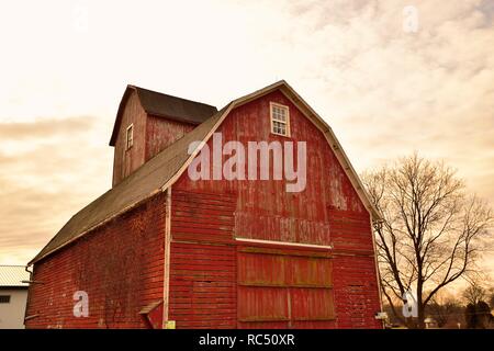 Urbana, Illinois, États-Unis. Une vieille grange rouge vieilli, assis parmi les arbres dénudés sous un ciel d'hiver dans le nord-est de l'Illinois. Banque D'Images