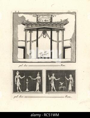 La peinture de l'architecture d'un vestibule. Les colonnes ont des chapiteaux ioniques mais pas de bases, et la corniche de modillons et d'ornement a rapprocher de triglyphes le Doric. Vous trouverez ci-dessous deux illustrations montrant dieux égyptiens : Osiris et prêtre et serpent, et Osiris et Isis. Gravée sur cuivre par Tommaso Piroli à partir de son propre 'Antichita di Ercolano" (antiquités d'Herculanum), Rome, 1789. L'artiste italien et graveur Piroli (1752-1824) a publié six volumes entre 1789 et 1807 documentation les peintures murales et des bronzes trouvés dans Heraculaneum et Pompéi. Banque D'Images