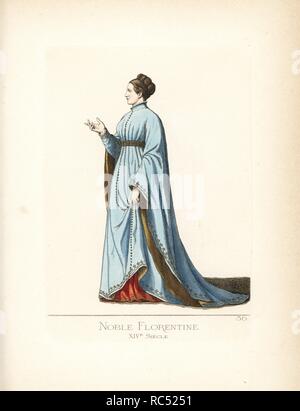 Femme noble de Florence, xive siècle. Elle porte ses cheveux attachés avec lacets noir, bleu simar brodé en or, doublure jaune, rouge robe, ceinture de cuir. D'après une peinture pour illustrer du Décaméron de Boccace par un artiste de l'école florentine. Illustration dessinée et lithographiée coloriée par Paul Mercuri avec texte par Camille Bonnard de 'costumes historiques du 12ème au 15ème siècles,' Levy Fils, Paris, 1860. Banque D'Images