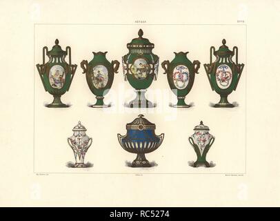 Cinq vases ornementaux avec des peintures florales et pastorale (cartels) après Huet, deux vases de vestes (gaine) et bleu vase de la collection de la reine Victoria. Chromolithographie par Gillot d'une illustration par Edouard Garnier de la pâte tendre de la porcelaine de Sèvres, Maison Quantin, Paris, 1891. Banque D'Images