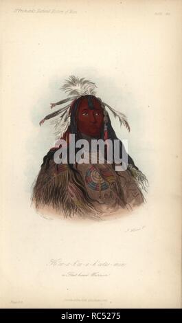 H'co-a-h'co-a-h'côtes-min, la peau de lapin jambières, guerrier de la Flathead Nez Percé. Lithographie coloriée par J. Harris d'après une peinture par George Catlin de James Cowles Prichard's Histoire naturelle de l'homme, Balliere, Londres, 1855. Banque D'Images