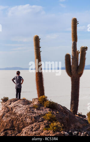 L'article suivant pour les cactus géants qui poussent sur l'Île Incahuasi, une jeune femme regarde vers l'horizon lointain de l'autre côté de la plaine de sel d'Uyuni Stark. Banque D'Images