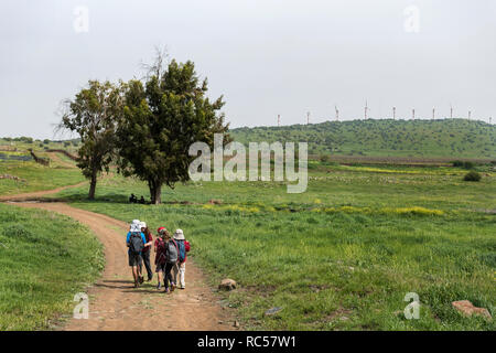 Les enfants israéliens font de la randonnée dans les hauteurs du Golan, comme on peut voir les célèbres éoliennes en arrière-plan. Israël Banque D'Images