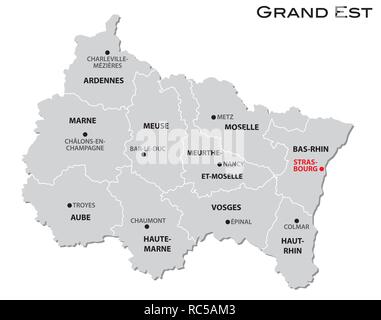 Gris simple carte administrative de la nouvelle région Grand Est Illustration de Vecteur