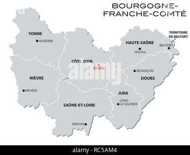 Gris simple carte administrative de la nouvelle région Bourgogne-Franche-Comte Illustration de Vecteur