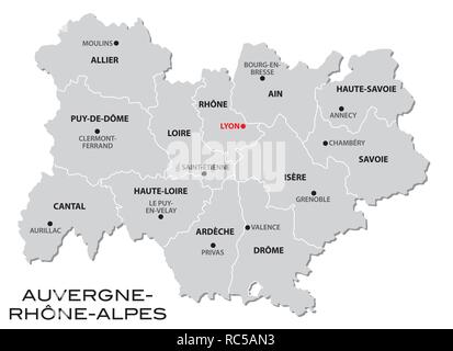 Gris simple carte administrative de la nouvelle région française Auvergne-Rhone-Alpes Illustration de Vecteur