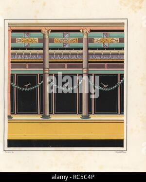 Peinture murale d'une chambre à la maison de l'épigrammes, Reg. V, Ins. 1, n° 18. Illustration dessinée par Discanno et lithographiés par Victor Steeger de Emile Presuhn's 'Les décorations murales de Pompéi,' Weigel, Leipzig, 1878. L'archéologue allemand Presuhn (1844-1881) a vécu en Italie pendant huit ans et, avec M. Discanno, faites des copies exactes de nombreuses peintures murales qui sont maintenant perdus. Banque D'Images