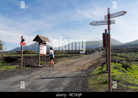 Sentier pédestre traversant la vallée de La Geria, la principale région productrice de vin de Lanzarote, îles canaries, espagne. Banque D'Images