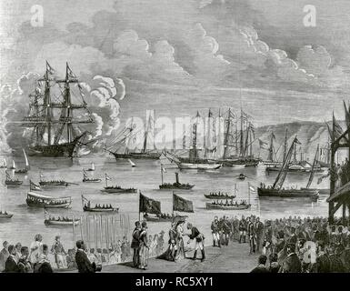 España. Viaje de la Reina Isabel II (1830-1904) a Santander, el 30 de junio último. Desembarque de S. M. la reine en el muelle. Contexto histórico de la Restauración Borbónia. La gravure. La Ilustración Española y Americana, 8 de agosto de 1876. Biblioteca Histórico Militar de Barcelone. Islas Baleares, España. Banque D'Images
