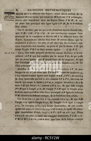 Isaac Newton (Woolsthorpe, 1642-Londres, 1727). Astrónomo físico, y matemático inglés. Principes Mathematiques de la philosophie naturelle. Edición francesa del traducida por original Madame la Marquise du Chastellet. Tomo I. Página con la resolución un la propuesta de un problema sobre el movimiento de los cuerpos. Editada en París, 1756. Con la aprobación y Privilegio del Rey. Biblioteca Histórico Militar de Barcelone. Cataluña. España. Banque D'Images