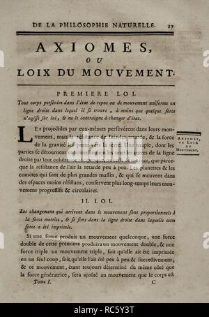 Isaac Newton (Woolsthorpe, 1642-Londres, 1727). Astrónomo físico, y matemático inglés. Principes Mathematiques de la philosophie naturelle. Edición francesa del traducida por original Madame la Marquise du Chastellet. Tomo I. publiées dans Axiomas o Leyes del Movimiento. Primera Ley. Editada en París, 1756. Con la aprobación y Privilegio del Rey. Biblioteca Histórico Militar de Barcelone. Cataluña. España. Banque D'Images