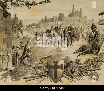 Moyen-Âge. Les guerres de religion entre l'Ouest et l'est dirigée par le Pape, menées par l'Europe latine chrétienne contre les musulmans, les Slaves païens, Juifs, entre autres . Soldats chrétiens contre les infidèles. La gravure. La Civilizacion (la civilisation), volume III, 1882. Banque D'Images