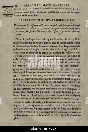 Isaac Newton (Woolsthorpe, 1642-Londres, 1727). Astrónomo físico, y matemático inglés. Principes Mathematiques de la philosophie naturelle. Edición francesa del traducida por original Madame la Marquise du Chastellet. Tomo I. Página con la proposition d'un problème relatif à l'al movimiento de los cuerpos. Editada en París, 1756. Con la aprobación y Privilegio del Rey. Biblioteca Histórico Militar de Barcelone. Cataluña. España. Banque D'Images