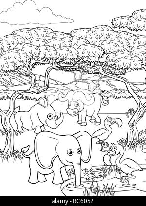 Cartoon Animal Safari Scène paysage en arrière-plan Illustration de Vecteur