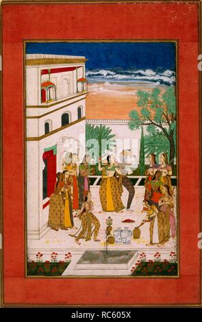 Radha et Krishna danse. c.1760. Ragini établissement Vasanta. Radha et Krishna dance sur une terrasse dans la saison du printemps entouré de filles jouant de la musique et la pulvérisation d'un colorant rouge par l'intermédiaire de seringues pour célébrer le festival de Holi. Aquarelle opaque. Publié à l'origine/produit dans c.1760. . Source : J.37,6,. Banque D'Images