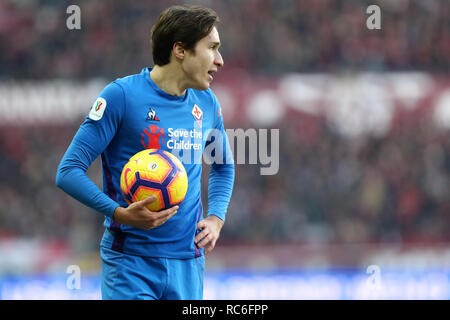 Torino, Italie. 13 Jan, 2019. Turin, Italie., . Federico Chiesa de la Fiorentina lors de l'Italia Tim Cup match de football FC entre Turin et la Fiorentina. Crédit : Marco Canoniero/Alamy Live News Banque D'Images