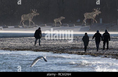 14 janvier 2019, le Schleswig-Holstein, Travemünde : les marcheurs peuvent profiter d'un soleil éclatant et des températures hivernales sur la plage de la mer Baltique dans la baie près de Lübeck Travemünde. Photo : Christian Charisius/dpa Banque D'Images