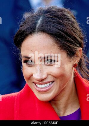 Birkenhead, UK. 14 janvier, 2019. Meghan, La Duchesse de Sussex à Hamilton Square à Birkenhead, le 14 janvier 2019, à respecter un certain nombre d'organisations locales qui appuient et l'autonomisation des groupes au sein de la communauté Photo : Albert Nieboer/ Pays-Bas OUT/Point de vue OUT | Crédit : afp photo alliance/Alamy Live News Banque D'Images