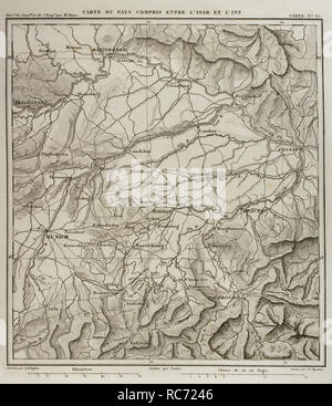 Carte de Napoléon. Entre le territoire des fleuves allemands Inn et l'Isar, affluents du Danube. Atlas de l'Histoire du Consulat et de l'Empire. Histoire du Consulat et l'Empire de la France sous Napoléon par Marie Joseph Louis Adolphe Thiers (1797-1877). Dessins par Dufour, gravures par Dyonnet. Édité à Paris, 1864. Banque D'Images