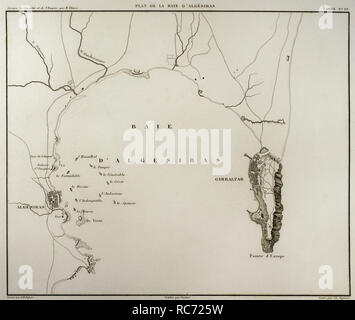 Carte de Napoléon. La baie d'Algésiras, en Espagne. La première bataille d'Algésiras est une bataille navale qui a eu lieu le 6 juillet 1801, les combats d'un escadron de navires de la Marine royale britannique contre une plus petite de l'escadron de la marine française. Contexte historique de la Guerres de la Révolution française. Histoire du Consulat et l'Empire de la France sous Napoléon par Marie Joseph Louis Adolphe Thiers (1797-1877). Dessins par Dufour, gravures par Dyonnet. Édité à Paris, 1864. Banque D'Images