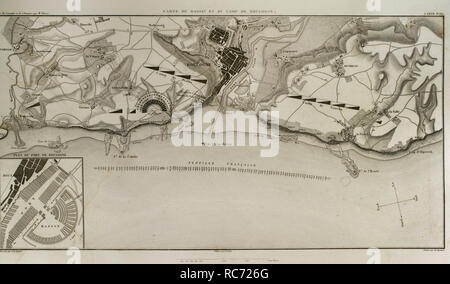 Plan de Boulogne-sur-Mer. En français sur la côte de la Manche. c'était une zone de transit pour les troupes de Napoléon pendant plusieurs mois en 1805, au cours de son invasion planifiée du Royaume-Uni. Atlas de l'Histoire du Consulat et de l'Empire. Histoire du Consulat et l'Empire de la France sous Napoléon par Marie Joseph Louis Adolphe Thiers (1797-1877). Dessins par Dufour, gravures par Dyonnet. Édité à Paris, 1864. Banque D'Images