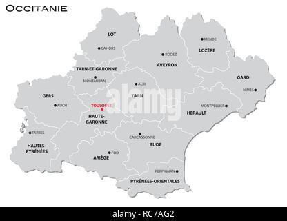 Gris simple carte administrative de la nouvelle région française Occitanie Illustration de Vecteur