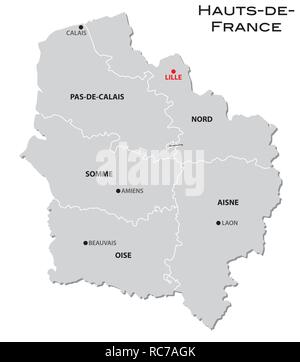 Gris simple carte administrative de la nouvelle région de France Hauts-de-France Illustration de Vecteur