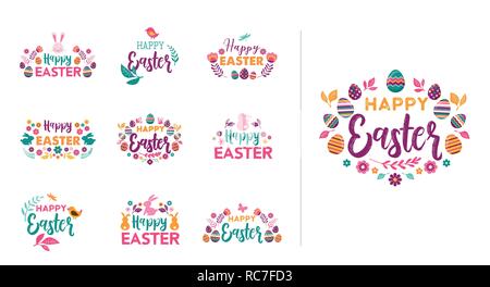 Joyeuses Pâques, symboles vectoriels, logo, badges et design lettrage Illustration de Vecteur