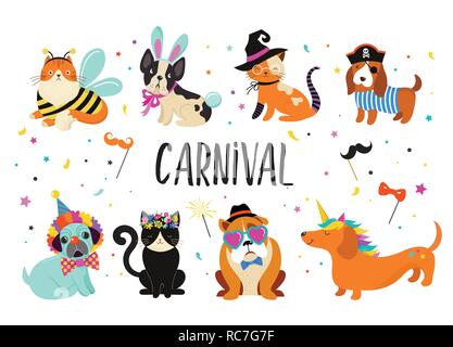 Funny Animals, animaux domestiques. Cute chiens et chats avec un carnaval haut en couleurs des costumes, vector illustration Illustration de Vecteur