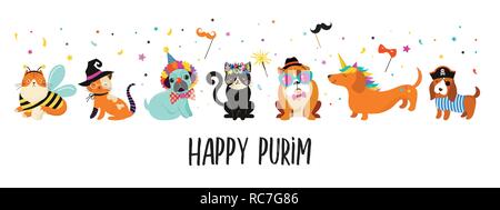 Funny Animals, animaux domestiques. Cute chiens et chats avec un carnaval haut en couleurs des costumes, l'illustration vectorielle. Happy Purim banner Illustration de Vecteur