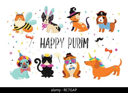 Funny Animals, animaux domestiques. Cute chiens et chats avec un carnaval haut en couleurs des costumes, illustration vectorielle, Happy Purim banner Illustration de Vecteur