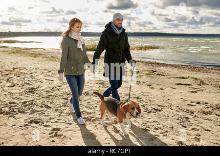 Heureux couple avec chien beagle sur plage d'automne Banque D'Images