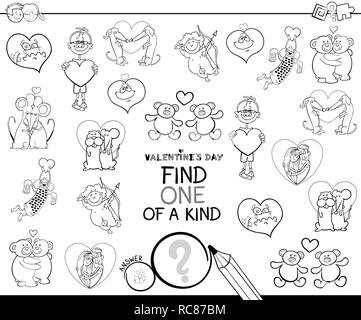 Illustration Cartoon noir et blanc de trouver un d'une sorte Photo jeu éducatif pour enfants avec des personnages de Jour de Valentines Coloring Book Illustration de Vecteur