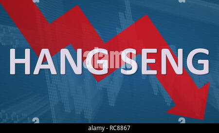 La bourse de Hong Kong Hang Seng Index Index ou ISH est en baisse. Une flèche en zig-zag rouge derrière le mot Hang Seng sur un fond bleu avec un graphique... Banque D'Images