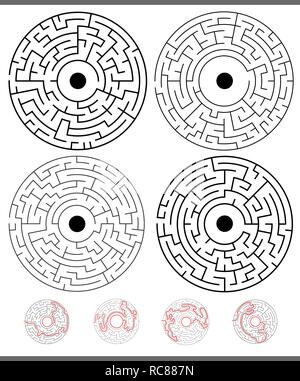 Illustration de labyrinthes noir et blanc Jeu de loisirs Activités définies avec des solutions Illustration de Vecteur