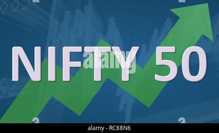 L'indice NIFTY 50, bourse nationale de l'Inde, est en augmentation. Une flèche en zig-zag vert derrière le mot NIFTY 50 sur un fond bleu... Banque D'Images