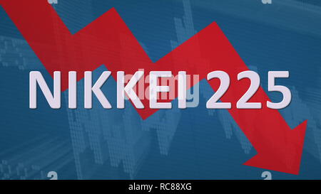 L'indice du marché boursier japonais Nikkei 225 est en baisse. Une flèche en zig-zag rouge derrière le mot Indice Nikkei 225 sur un fond bleu avec un graphique montre vers le bas... Banque D'Images